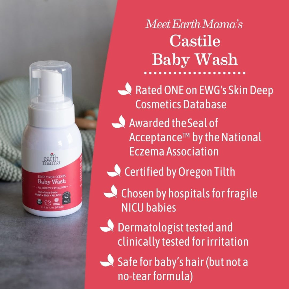 Earth Mama Sweet Orange Baby Wash bottle closeup highlights natural ingredients for sensitive skin