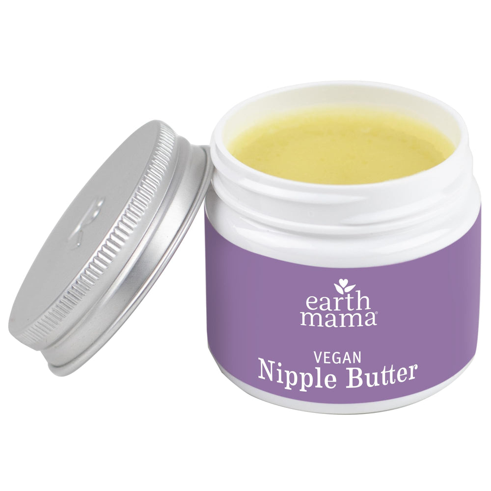 Earth Mama Vegan Nipple Butter no-lanolin label signals safe breastfeeding use.