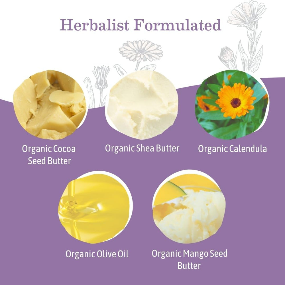 Earth Mama Vegan Nipple Butter packaging highlights organic calendula and cocoa butter.