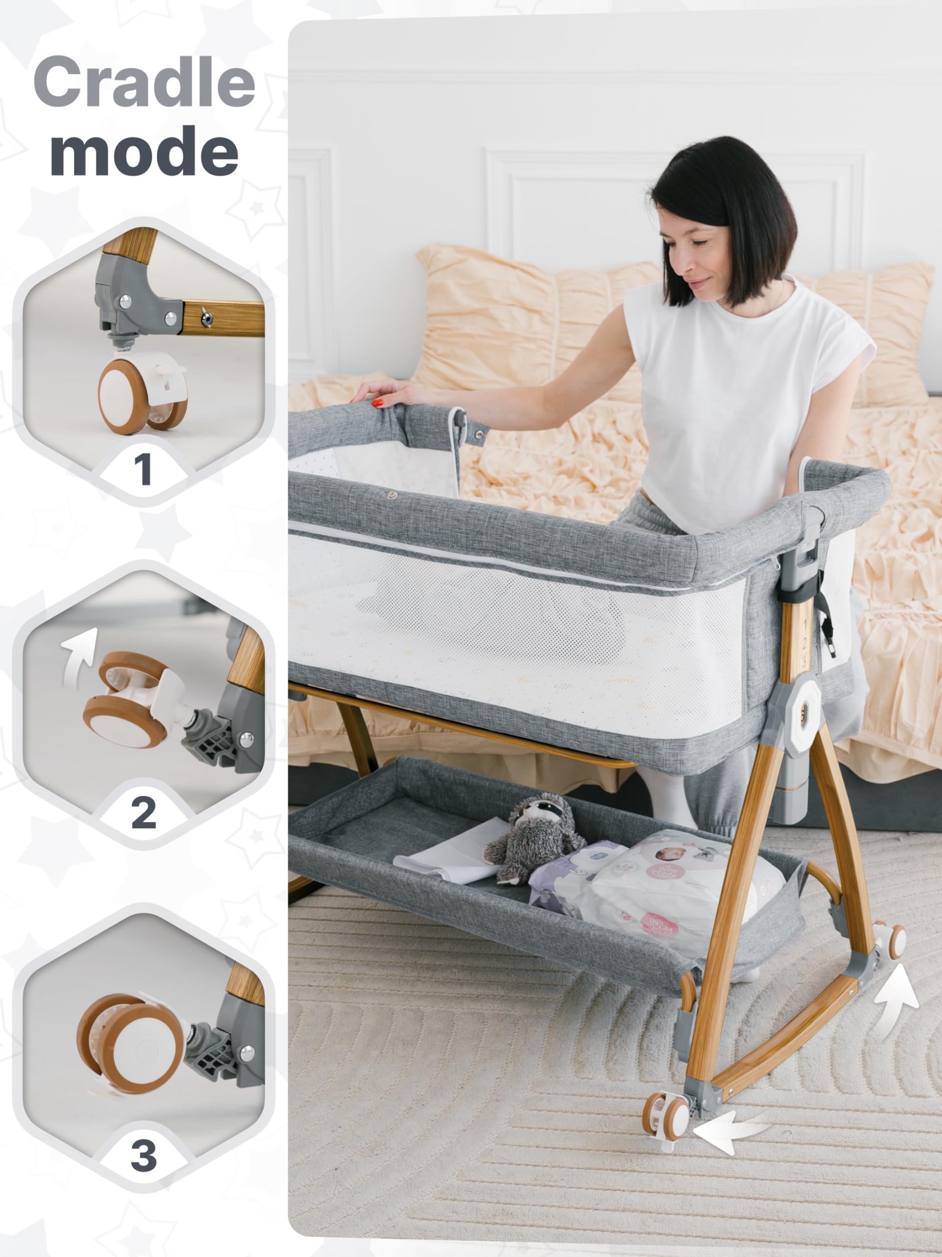 Earth&ME height-adjustable bedside bassinet aligns with your bed for easier nighttime feeding.