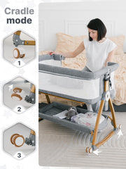 Earth&ME height-adjustable bedside bassinet aligns with your bed for easier nighttime feeding.