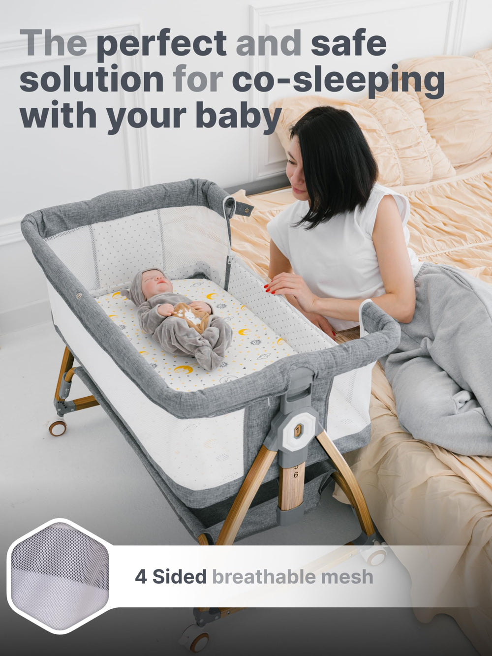 Earth&ME bedside bassinet with breathable mesh sides keeps baby supervised while you stay close.