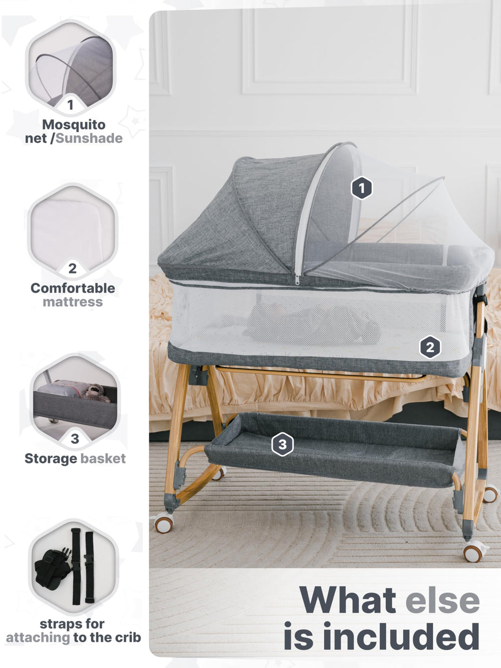 Earth&ME bassinet with wheels and travel bag enables quick, portable trips.