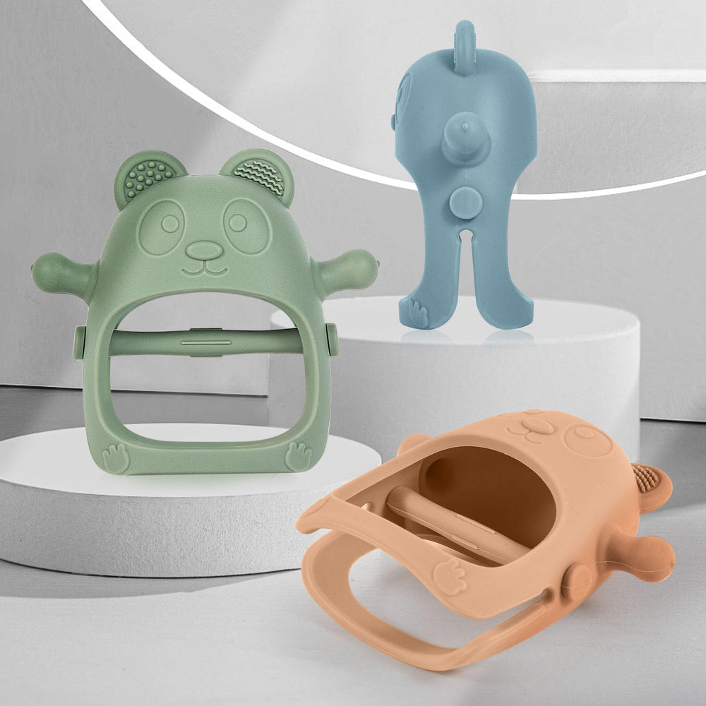 Eascrozn silicone mitten teether offers varied textures for exploration