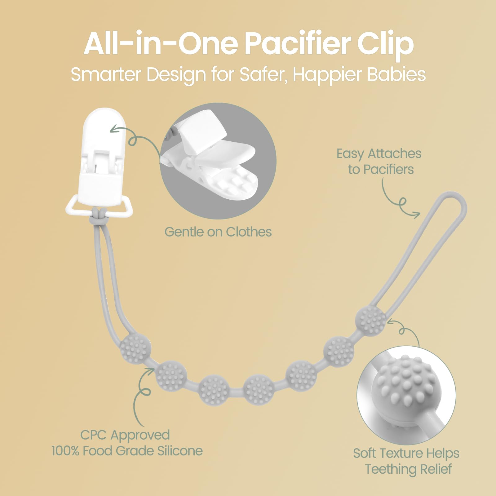 Eascrozn one-piece silicone design pacifier clip stays together for safe, convenient use