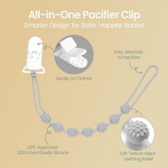 Eascrozn soft silicone pacifier clip close-up shows BPA-free material and safety.