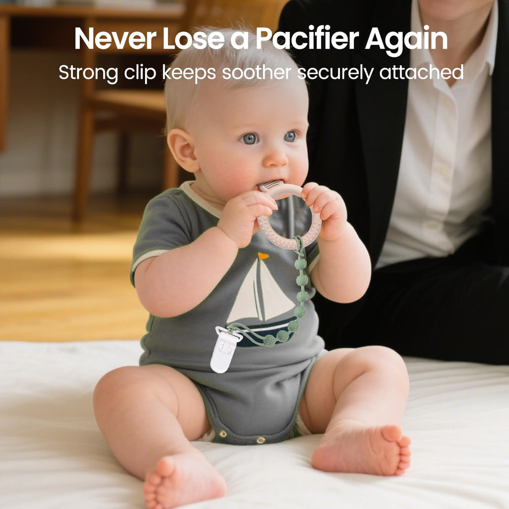 Eascrozn textured pacifier holder offers teething texture for gums.