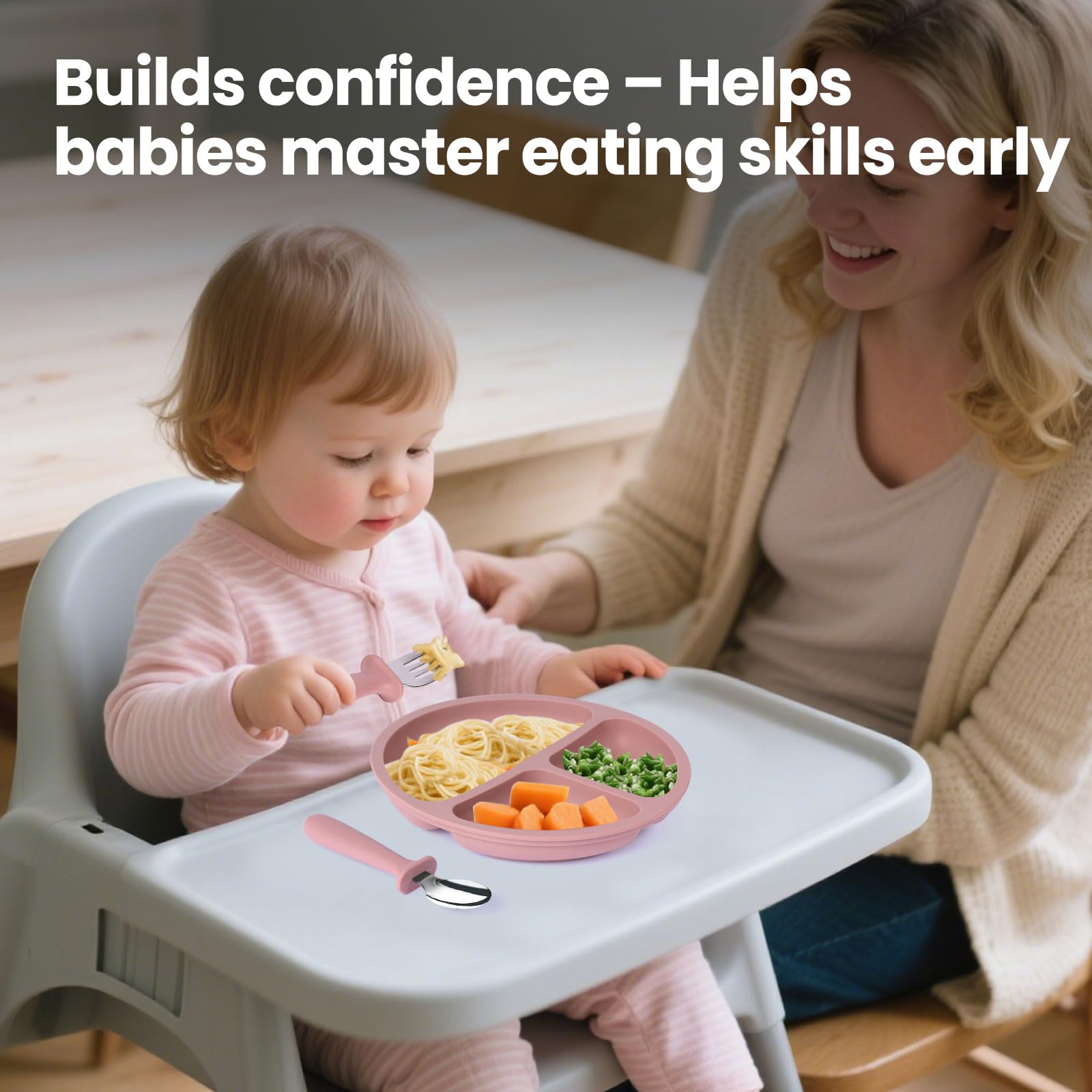 Eascrozn toddler spoons with thick silicone grips for easy self feeding.