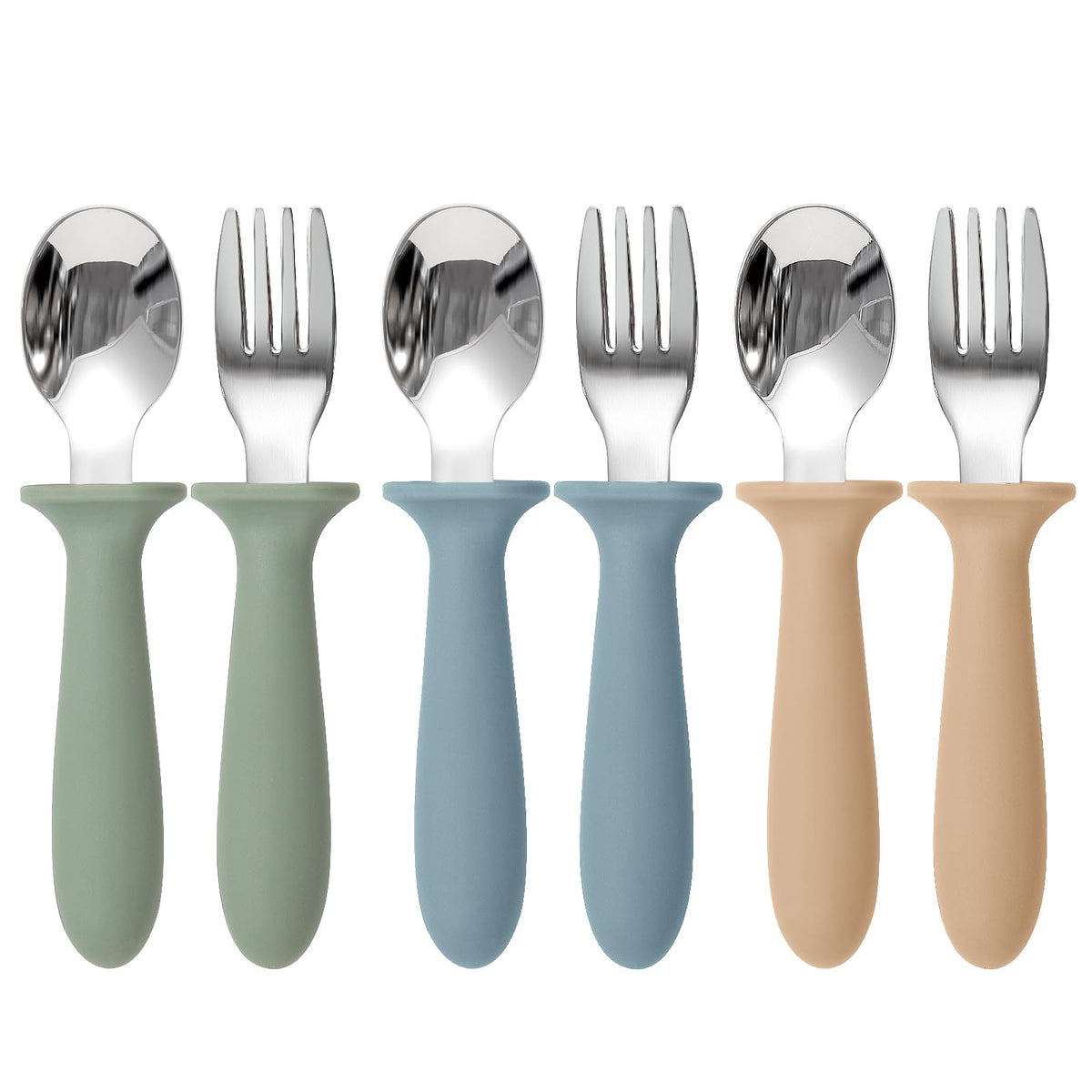 Eascrozn toddler utensils set with three color silicone handles for self-feeding.