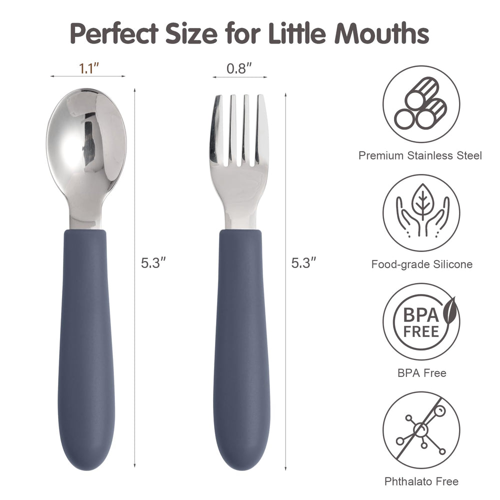 Eascrozn toddler utensils with silicone handles for a secure grip.