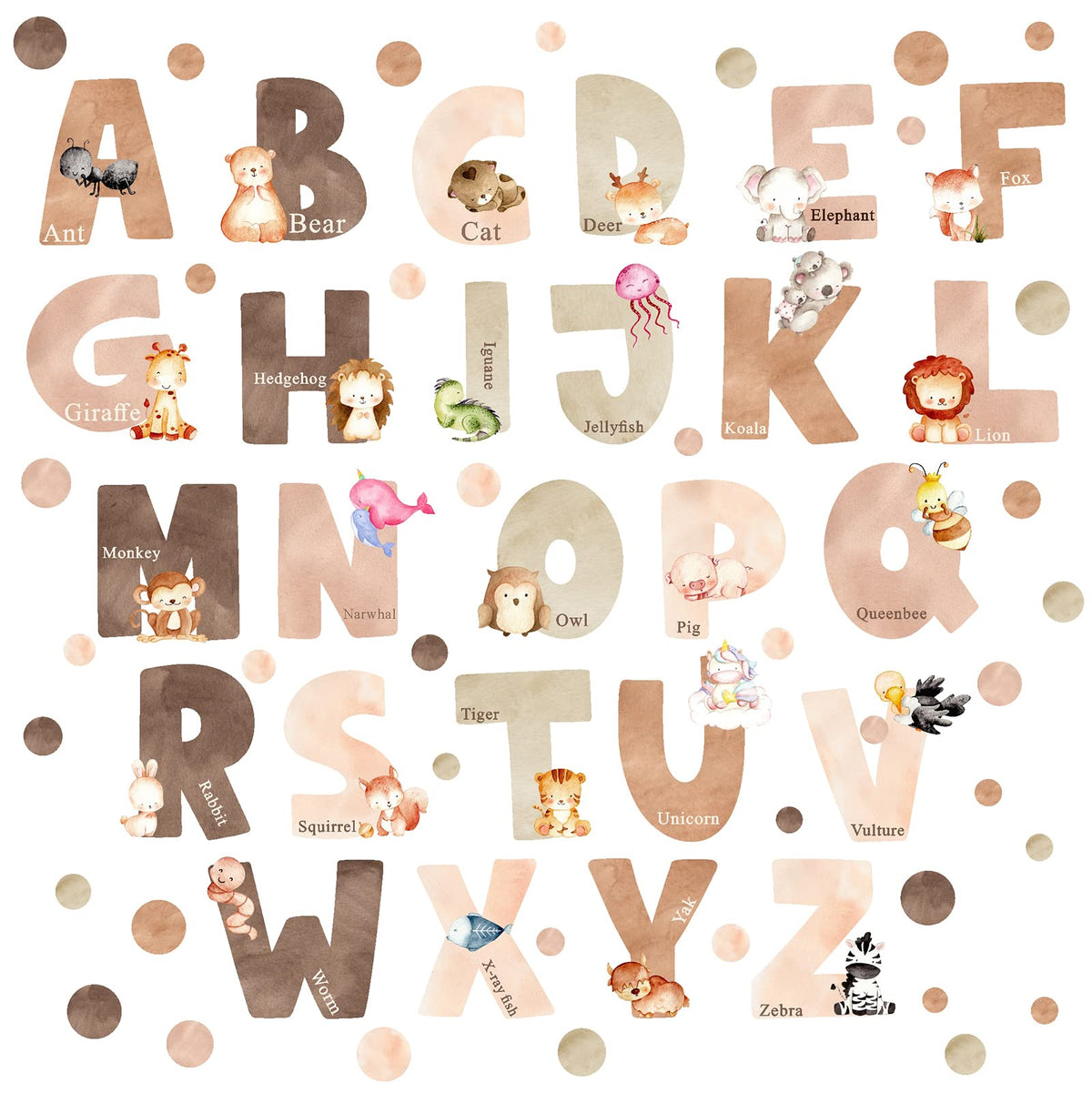 Easma animal alphabet wall decals on a child's wall for early literacy.