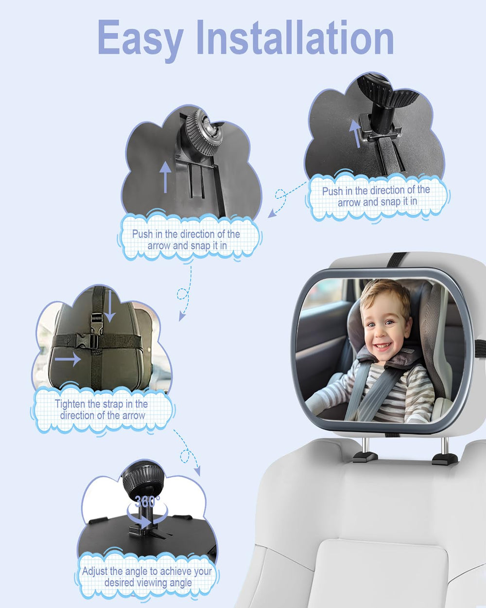 Eassky grey baby car mirror blends with interior while providing clear viewing.