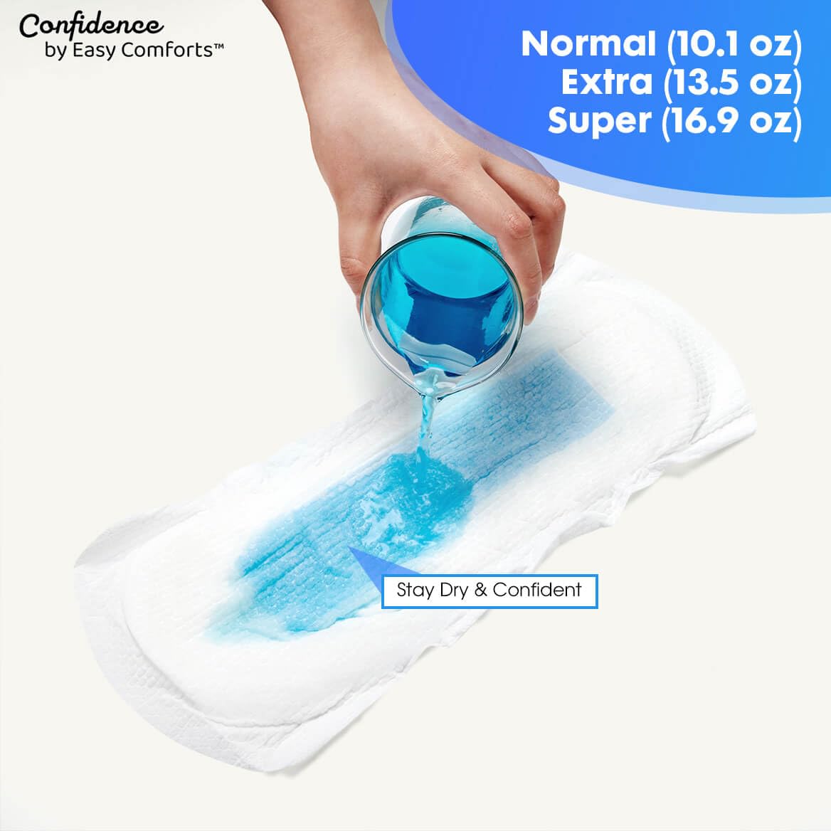 Pads come in Normal, Extra, and Super absorbencies for tailored protection.