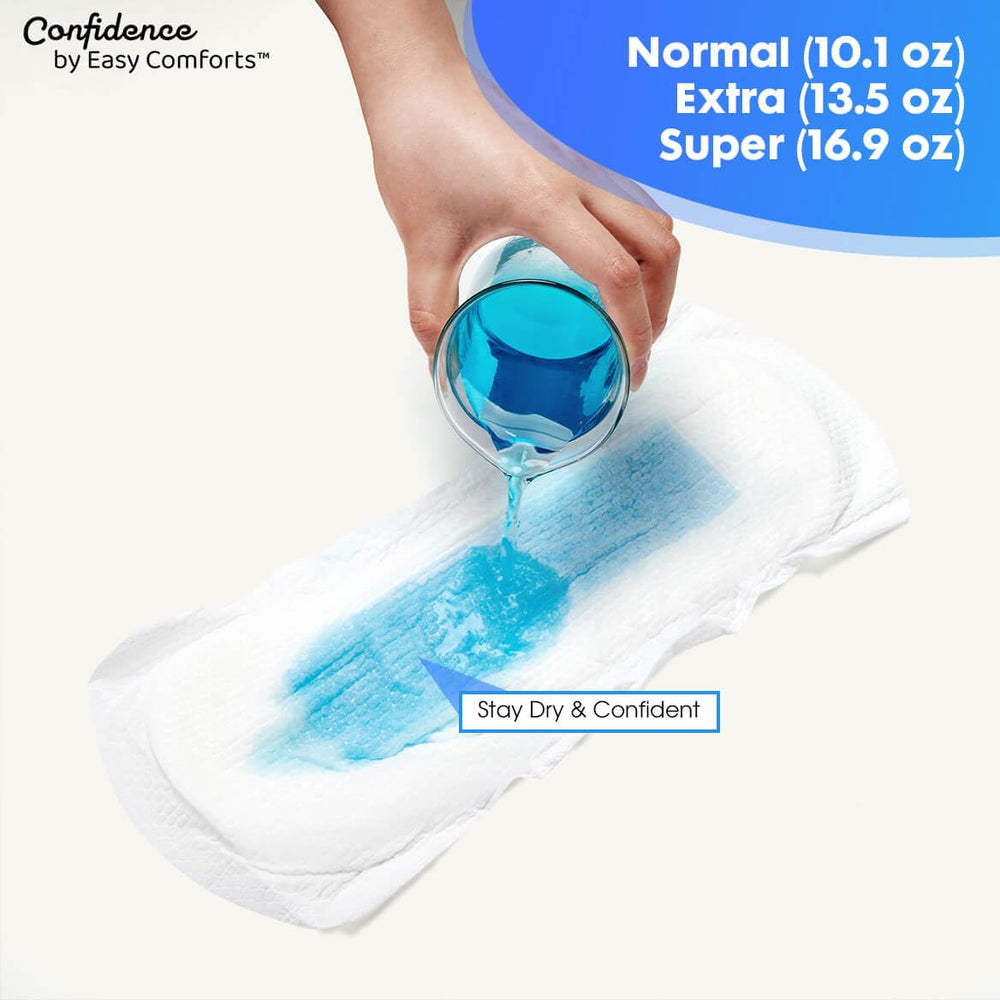 Pads come in Normal, Extra, and Super absorbencies for tailored protection.
