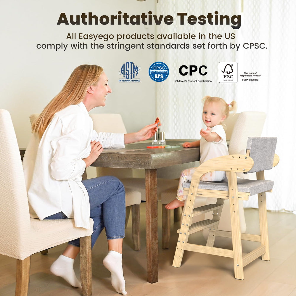 Easyego wooden high chair trapezoidal base enhances stability.
