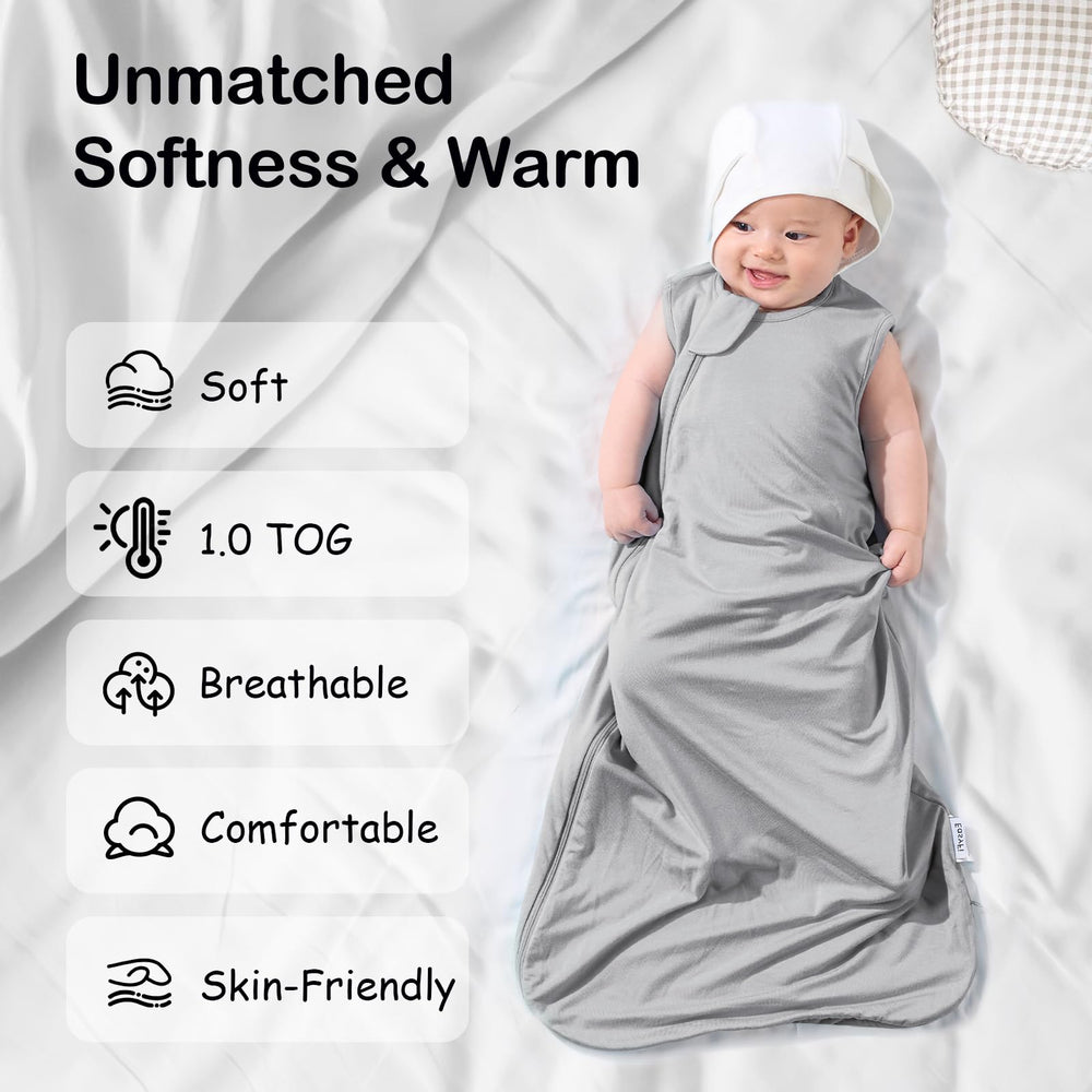 EasyFi all-year breathable gray sleep sack on model.