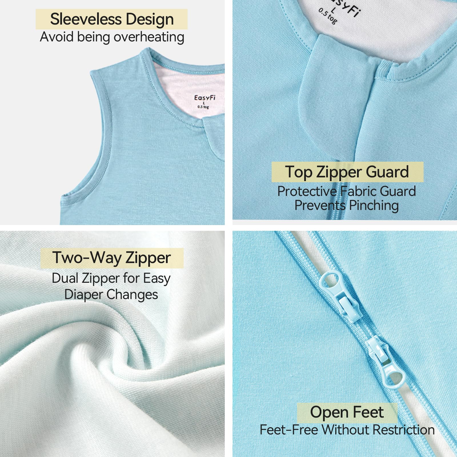 Narrow neckline and zipper guard enhance safety and comfort.