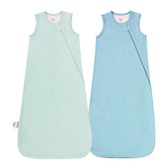 EasyFi Supersoft bamboo sleep sack shown on baby in green and blue, cozy and gentle for delicate skin.