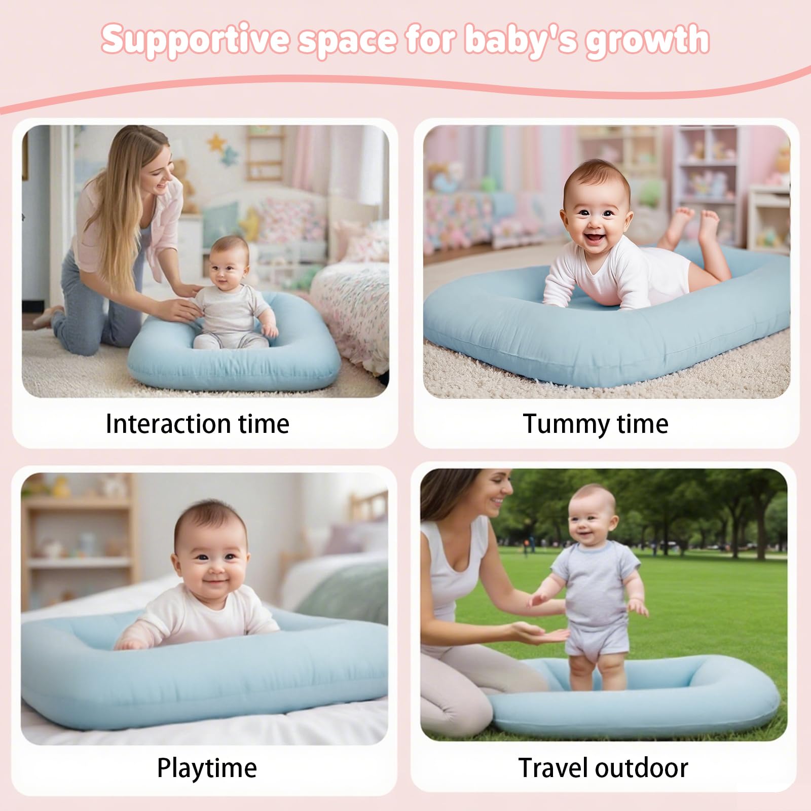 Baby lounging in the EasyforAll lounger on the living room floor.
