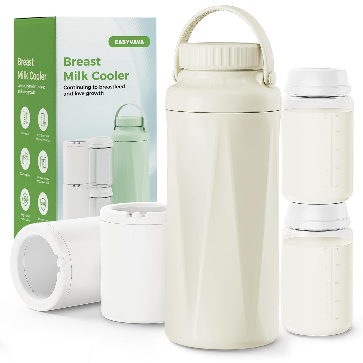 EasyVAVA 22oz breast milk cooler, front view, portable and travel-friendly for outings.
