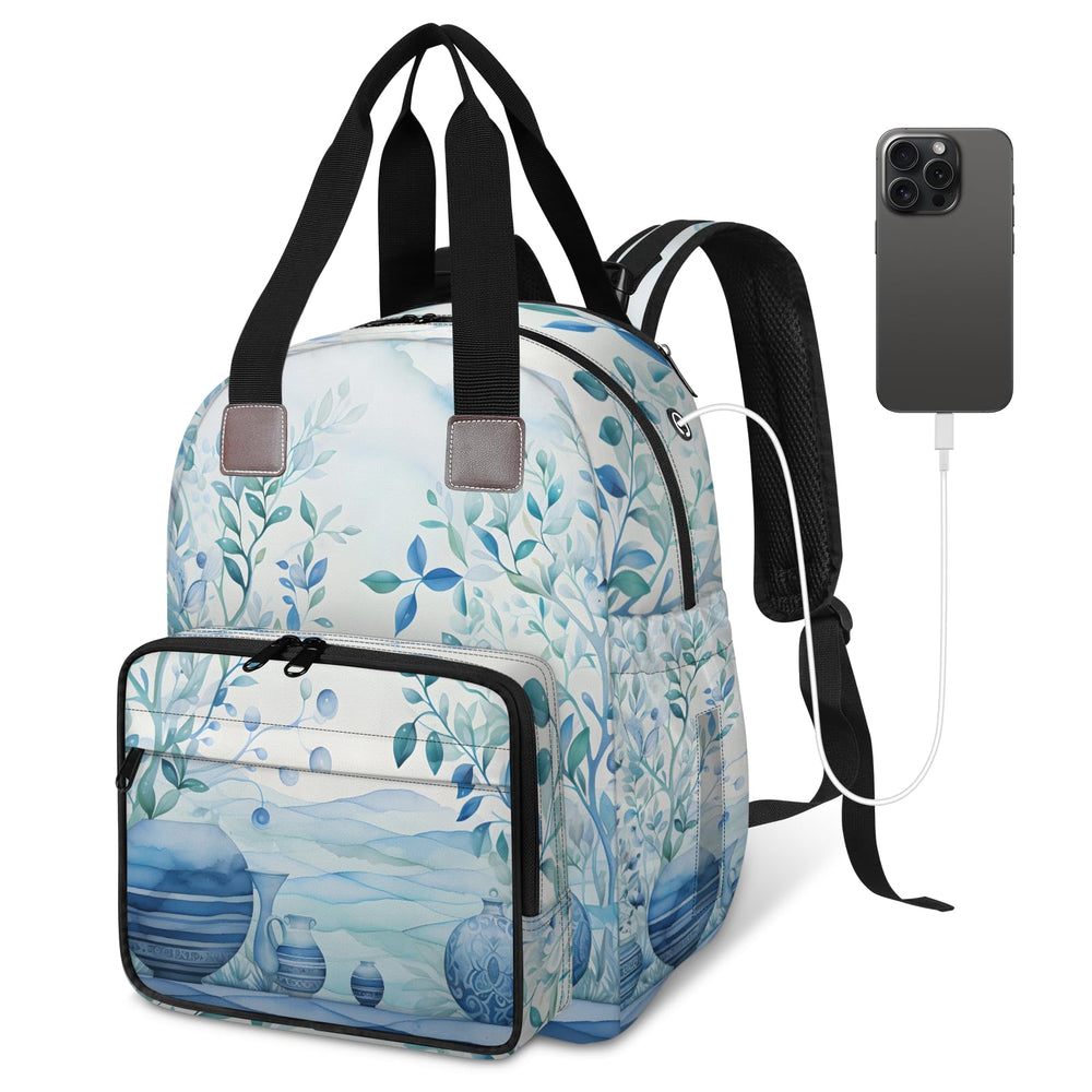 Eativisa blue branches and leaves diaper bag backpack in full view for stylish daily use.