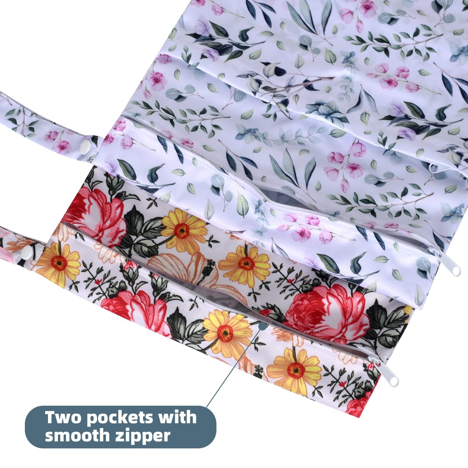 Eaxin floral wet bag attached to stroller via snap handle for on-the-go use