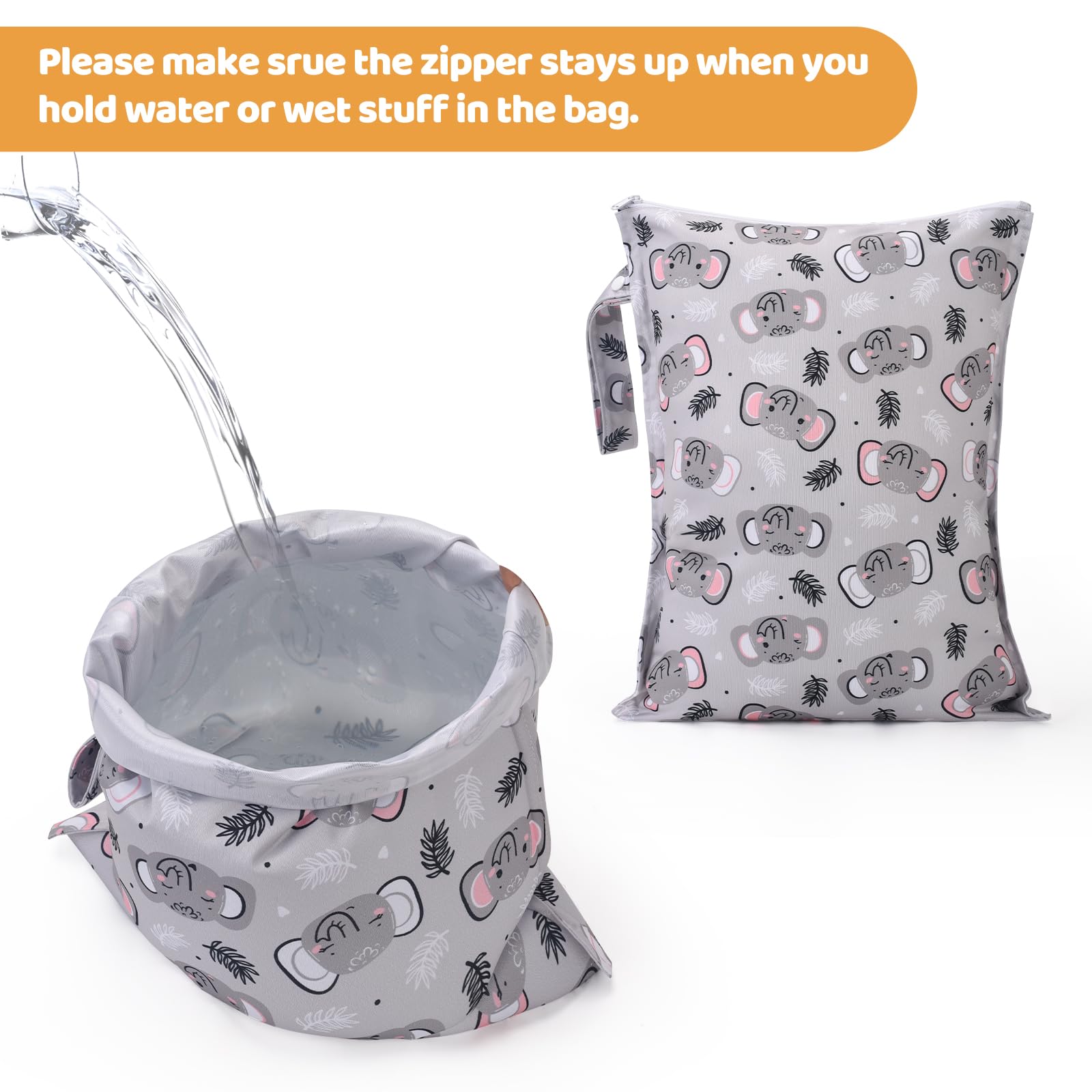 Eaxin wet bag with snap-handle attached to stroller.