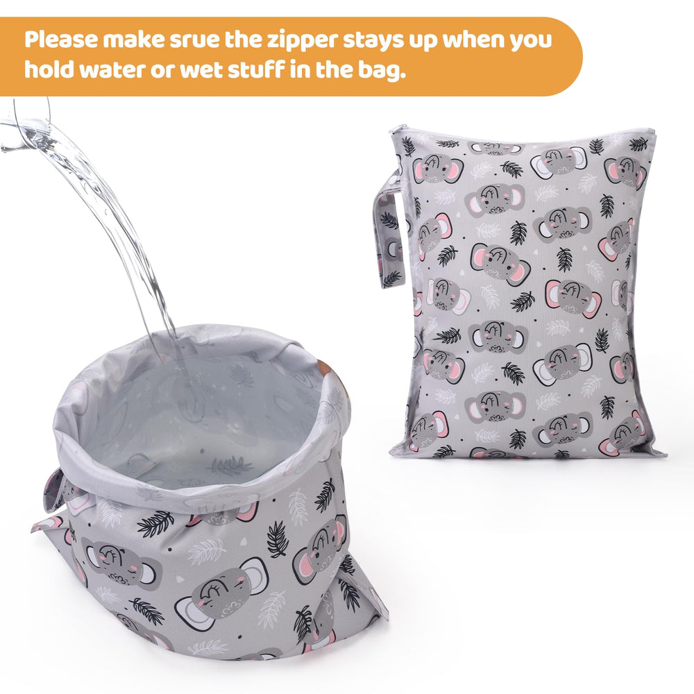 Eaxin wet bag with snap-handle attached to stroller.