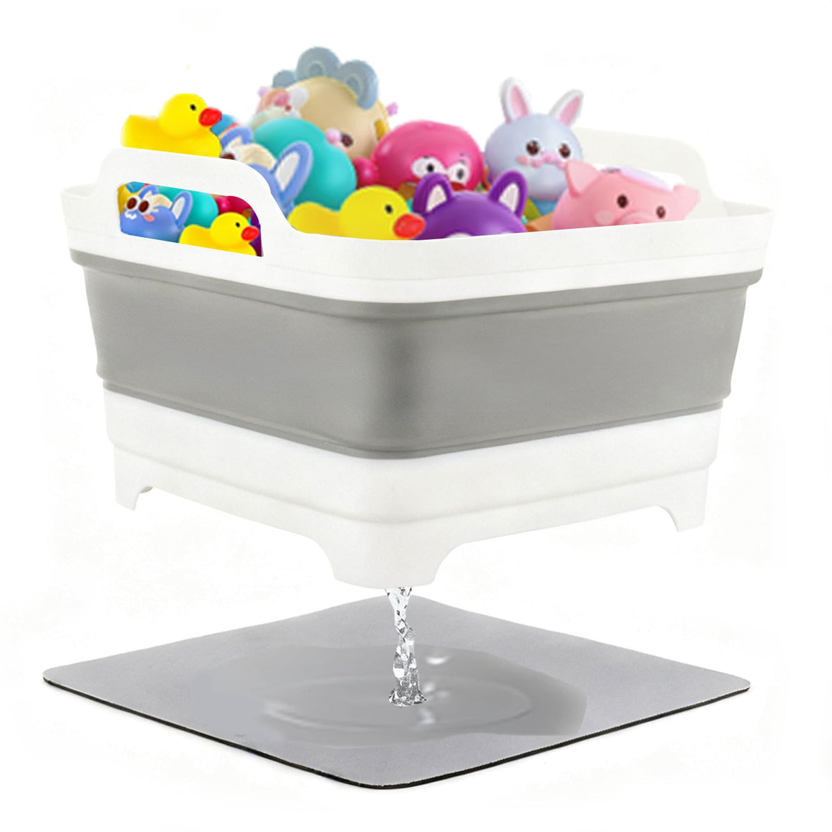 EazziSwitch bath toy storage bin collapsible with drain plug for quick water release.