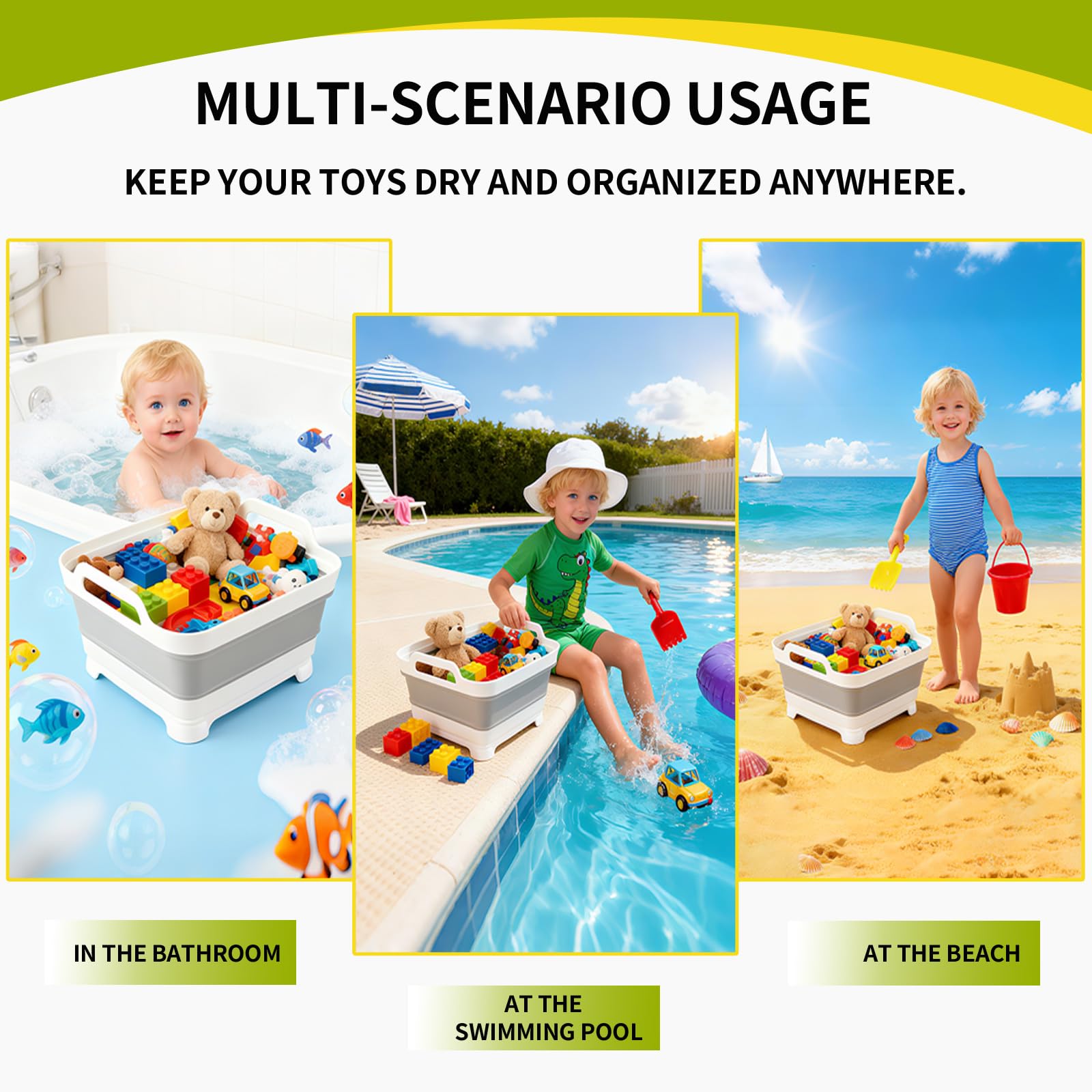EazziSwitch foldable bath bin expands to hold toys and accessories.