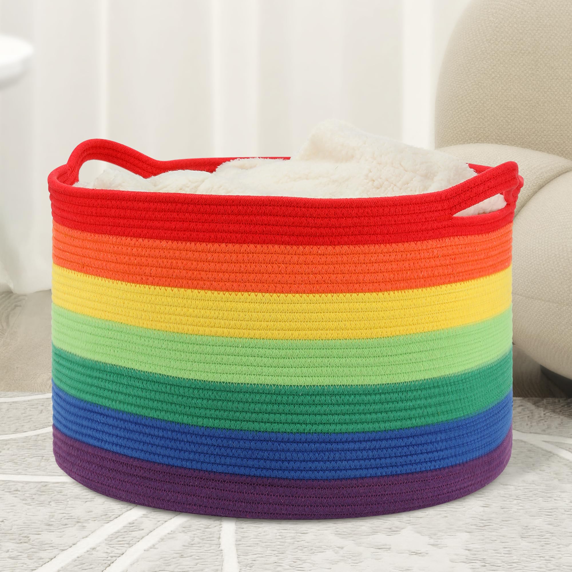 Eblog rainbow blanket basket, 20x13 inches, ideal for blanket storage.
