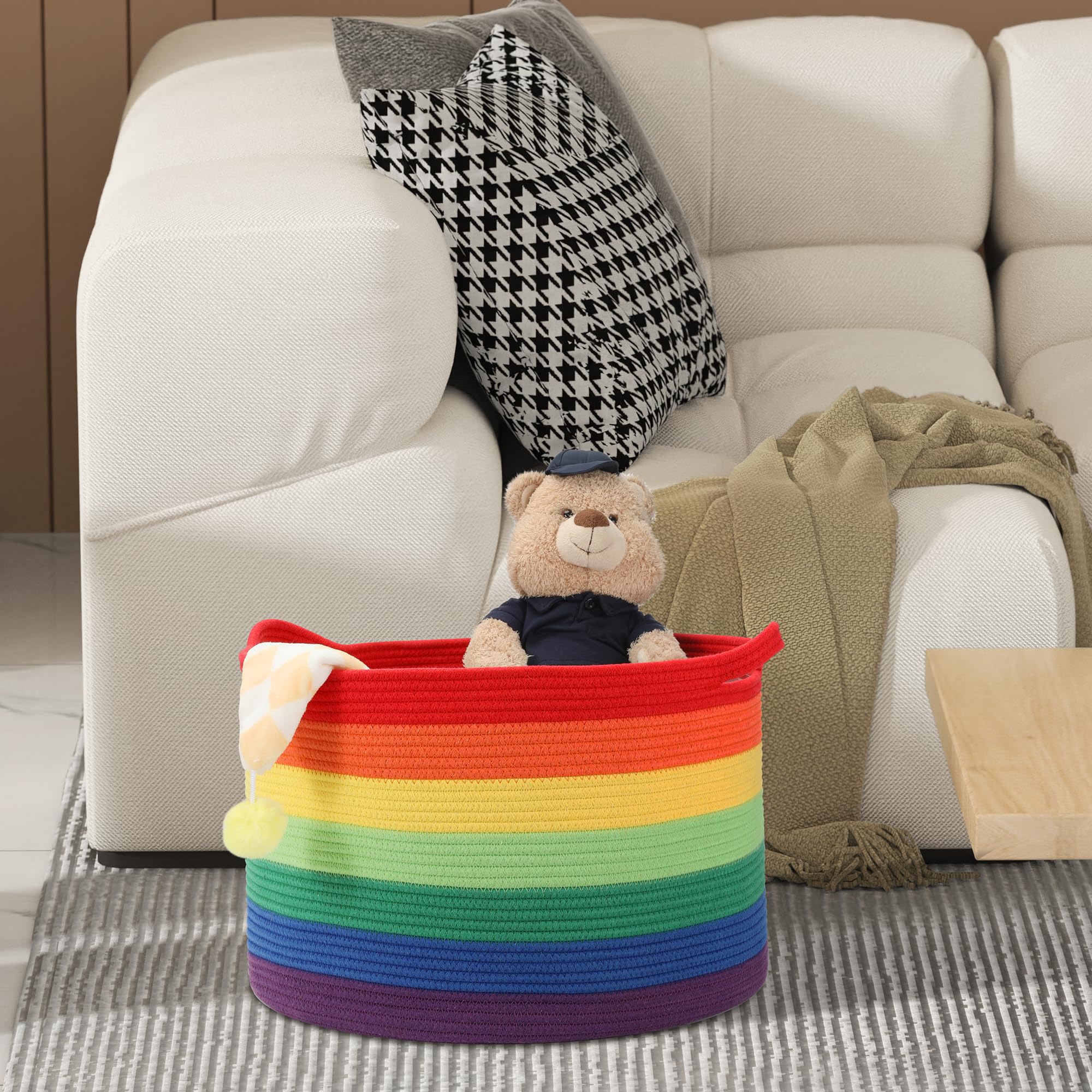 Multi-purpose storage basket for blankets, toys, clothes, and more.