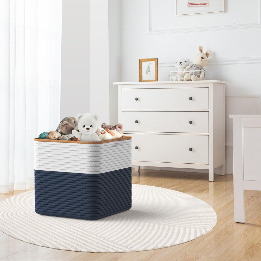 Eblog blue cotton cube adds calm storage and decor to living rooms.