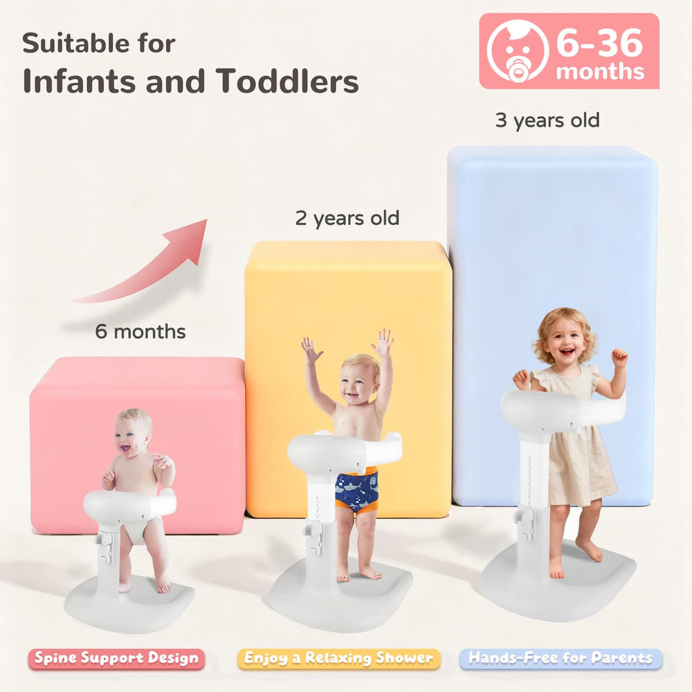 EC-Gaze baby shower stand shows safe-stable-base reducing slips during bathtime.