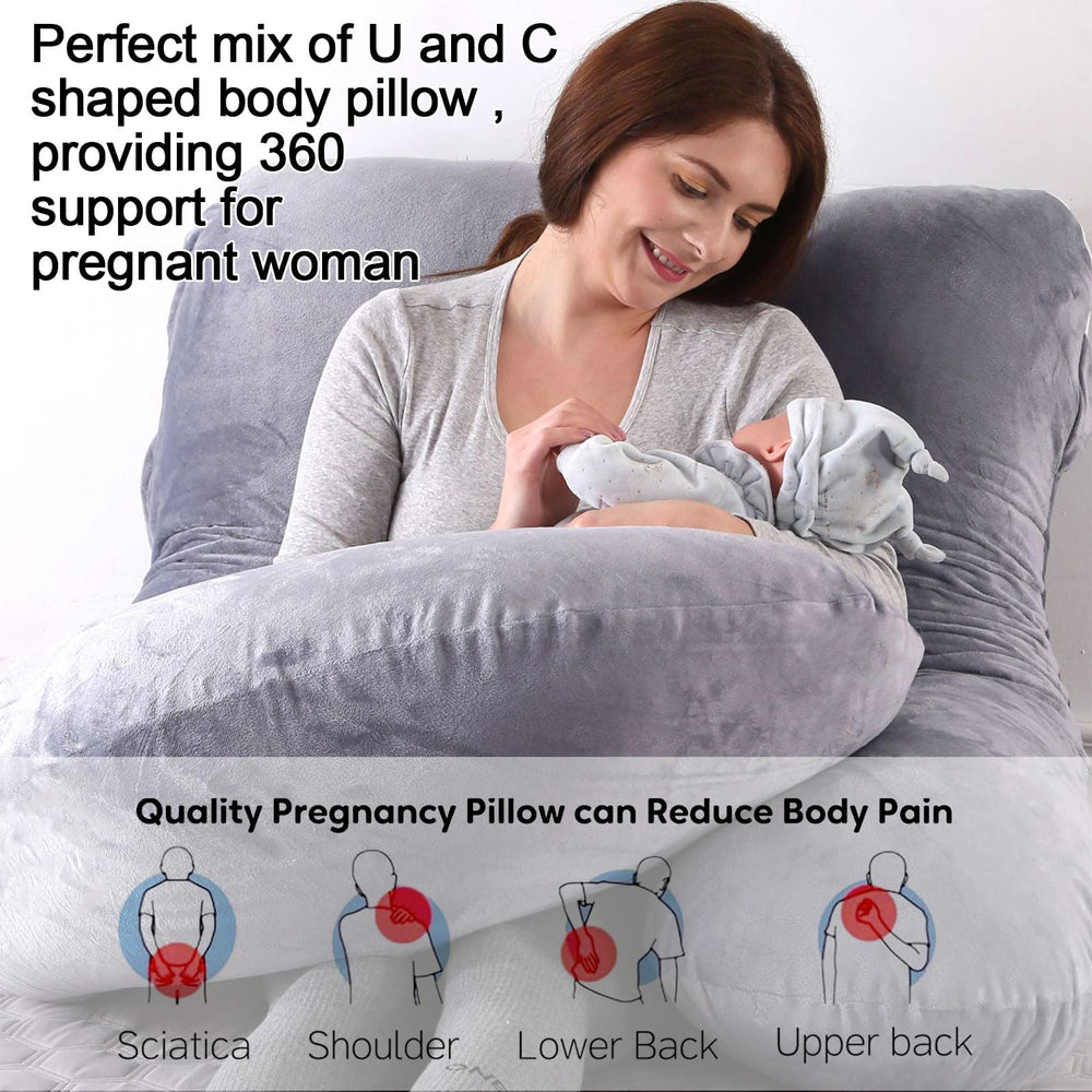 Eccn pregnancy pillow removable cover closeup shows easy-care gray fabric.