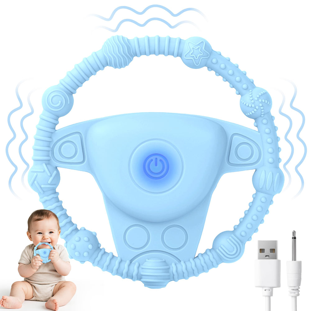 EccoDen vibrating teething toy shows 3D textures for soothing gums.