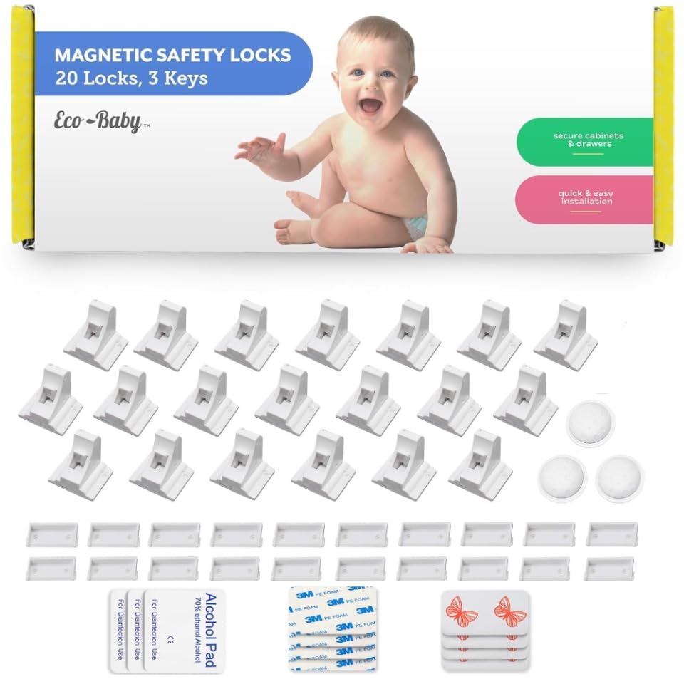 Eco-Baby magnetic cabinet locks kit in white with 20 locks and 3 keys for easy access.