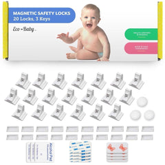 Eco-Baby magnetic cabinet locks kit in white with 20 locks and 3 keys for easy access.