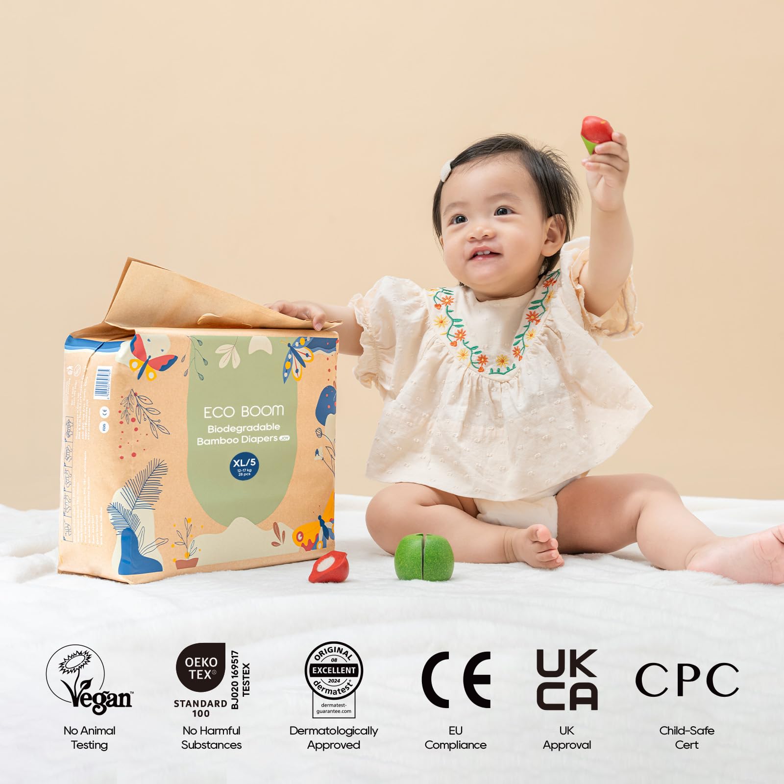 ECO BOOM diaper with elastic waistband demonstrating snug fit and movement