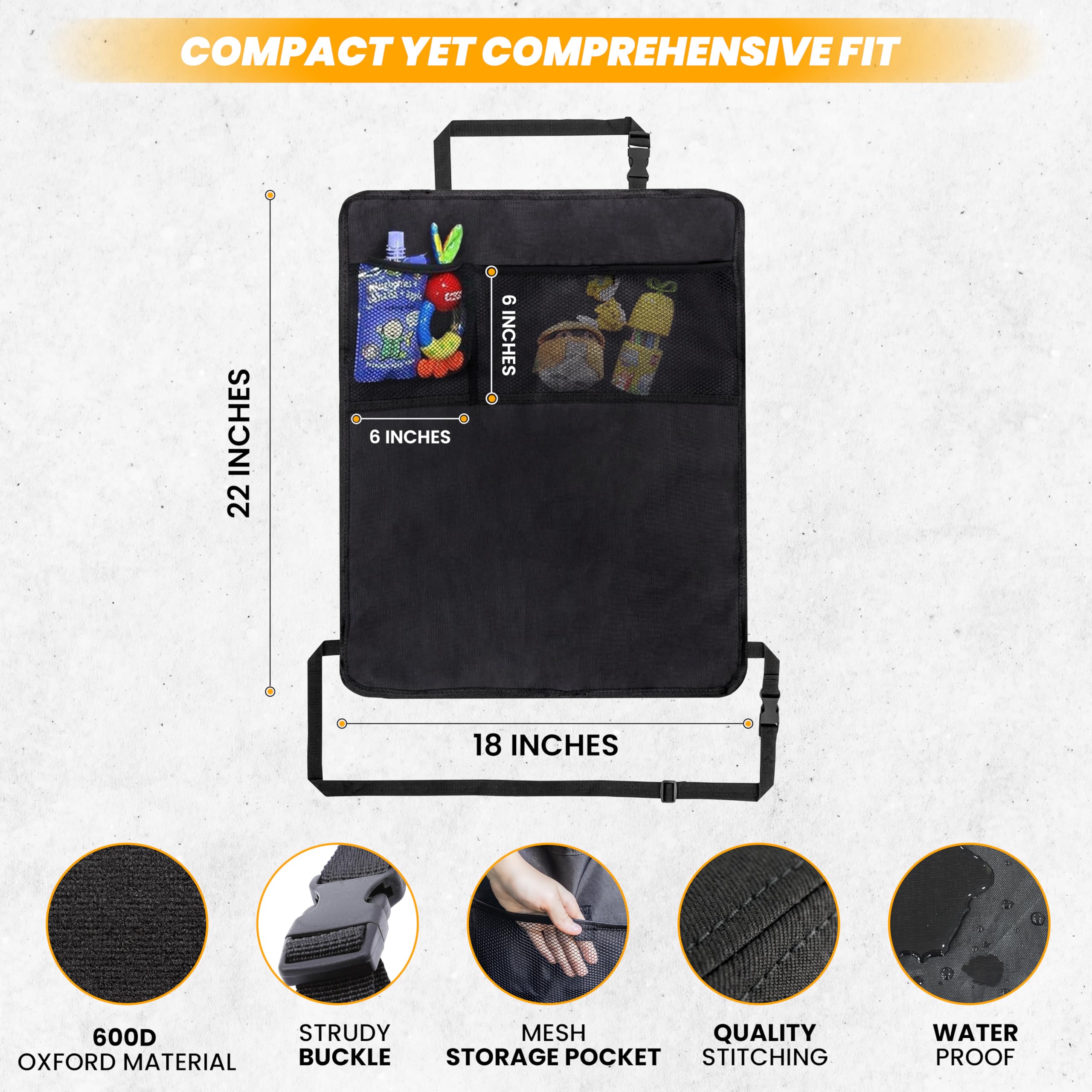 EcoNour back-seat-organizer-pockets provide easy access to kids' essentials.