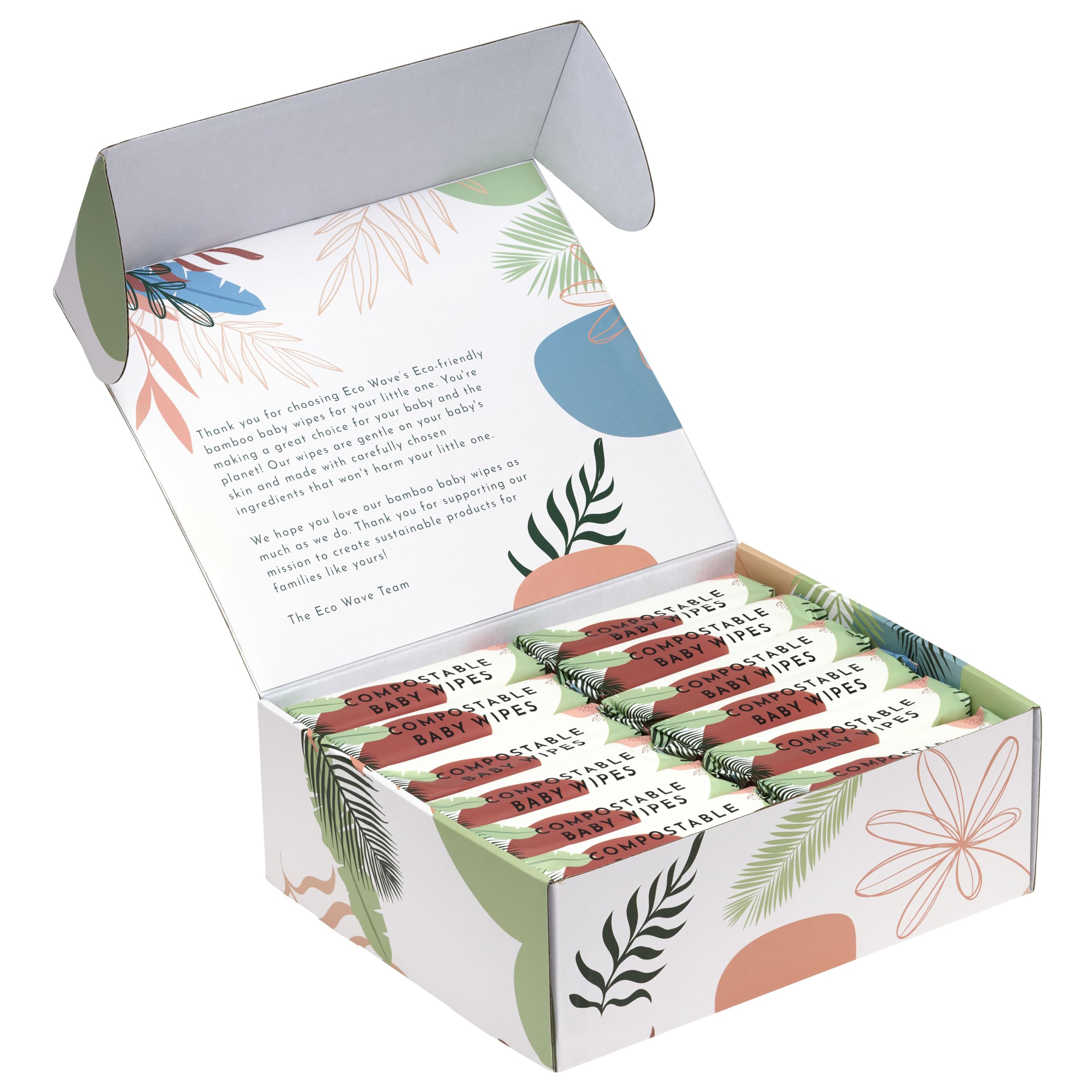 Eco Wave Baby Wipes compostable logo close-up communicates eco-friendly disposal.