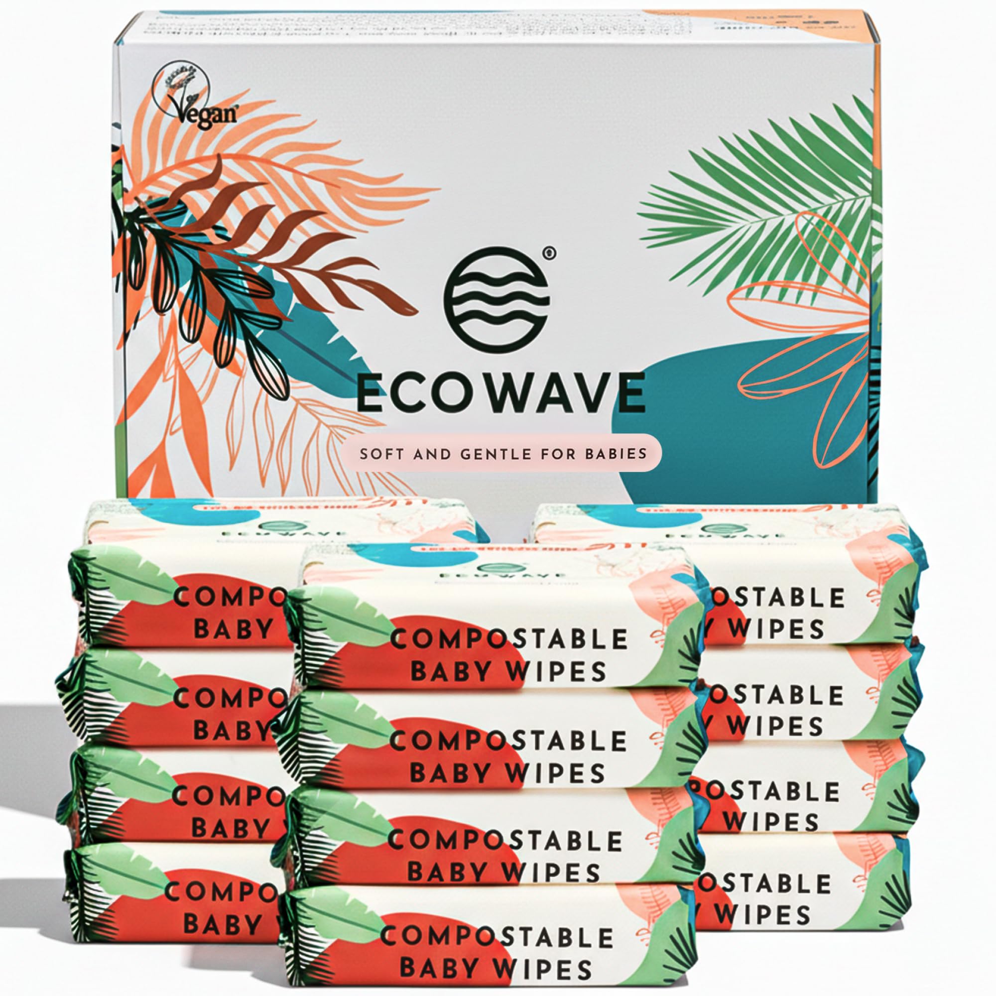 Eco Wave Baby Wipes unscented pack front shows gentle, unscented clean.