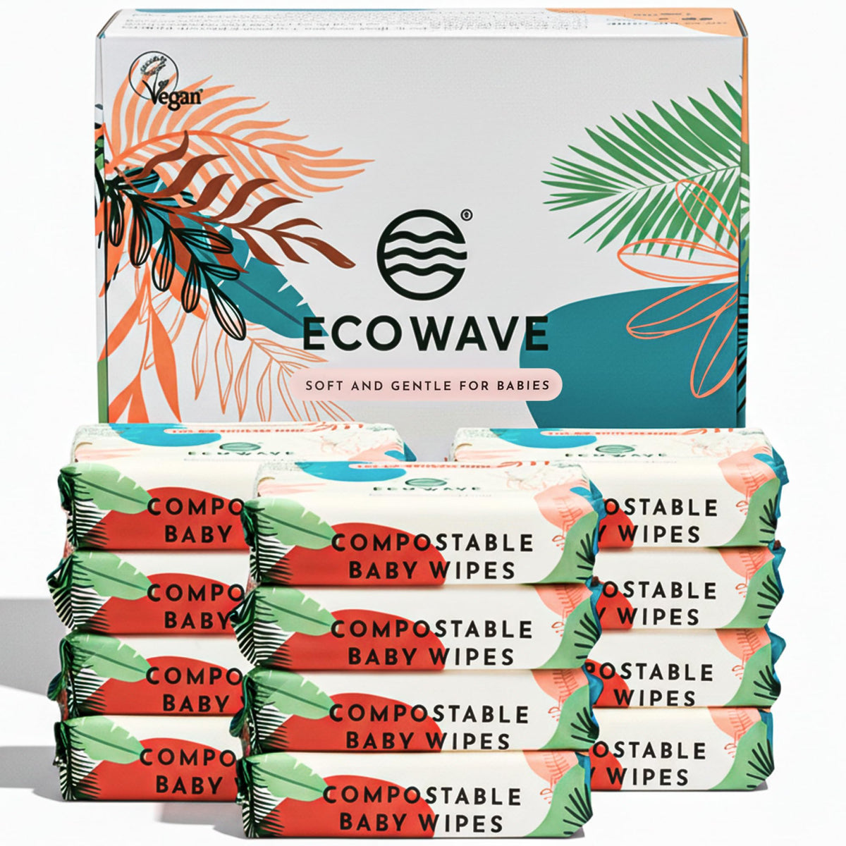 Eco Wave Baby Wipes unscented pack front shows gentle, unscented clean.