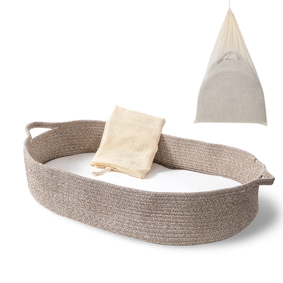 Ecoade baby changing basket front view highlighting cozy foam pad for newborn comfort.