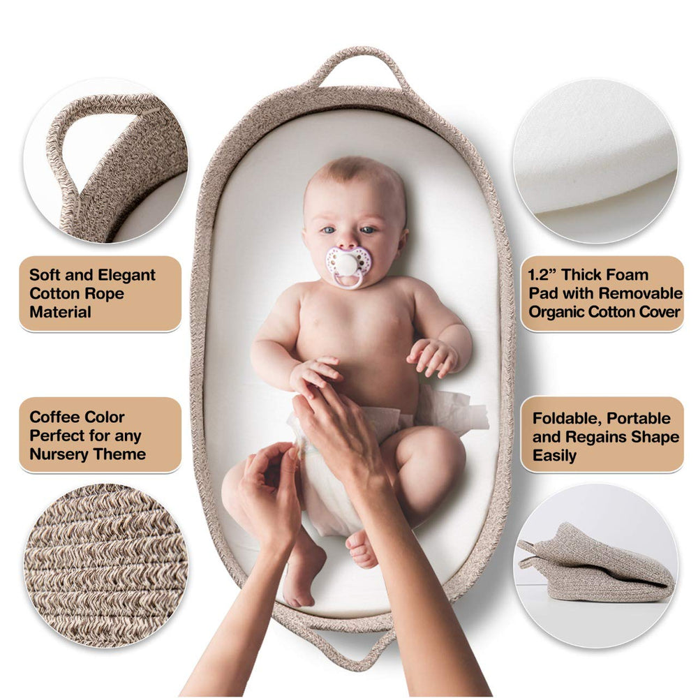 Ecoade baby changing basket side view showcases durable cotton weave and portable design.
