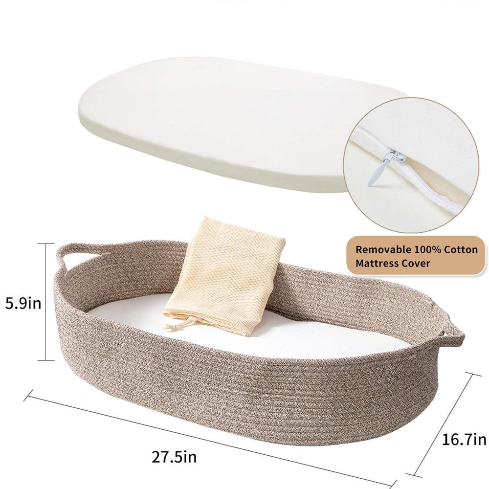 Ecoade Moses basket mattress with removable cotton cover for easy cleaning.