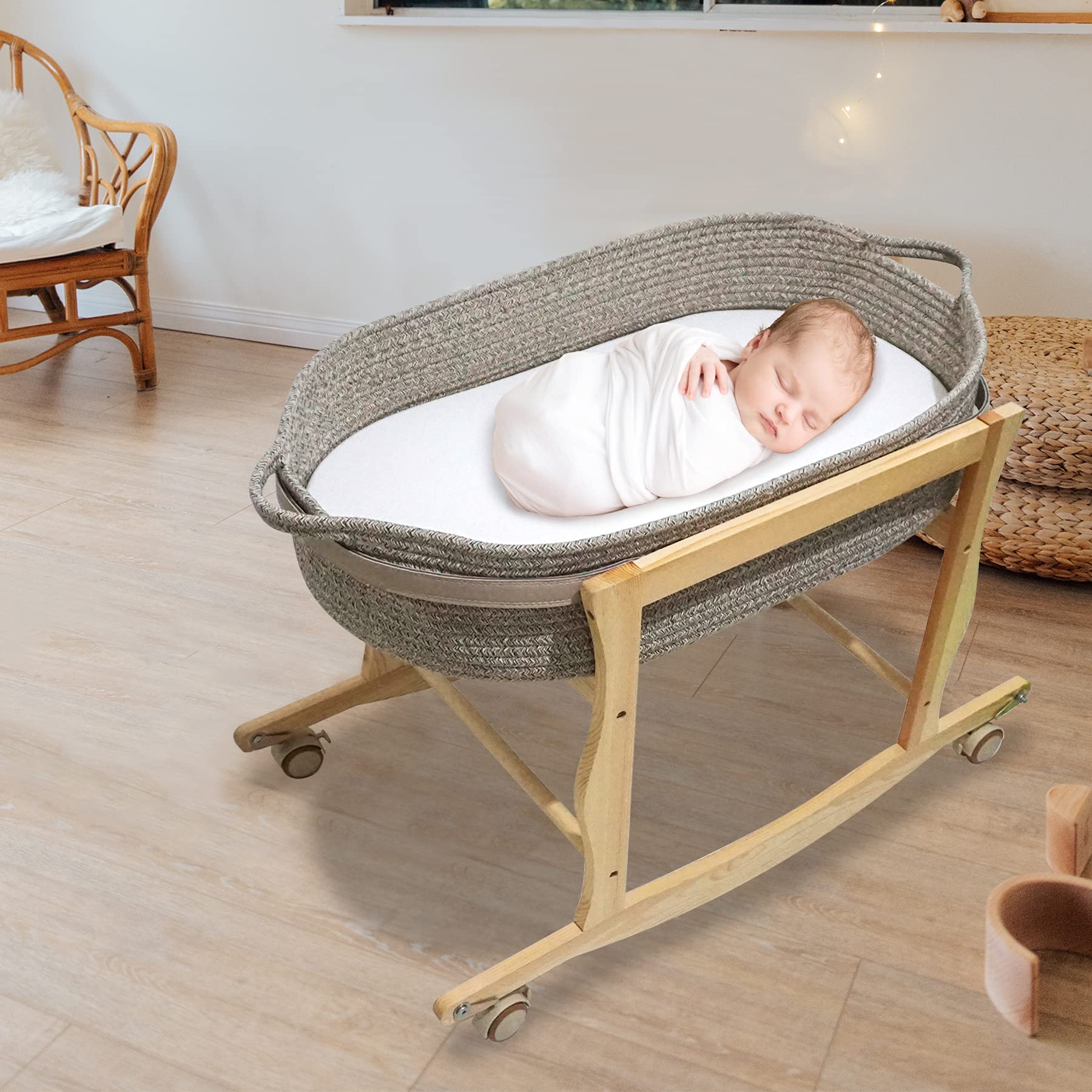 ECOADE wooden bassinet stand features firm flat slats for stable, safe support.