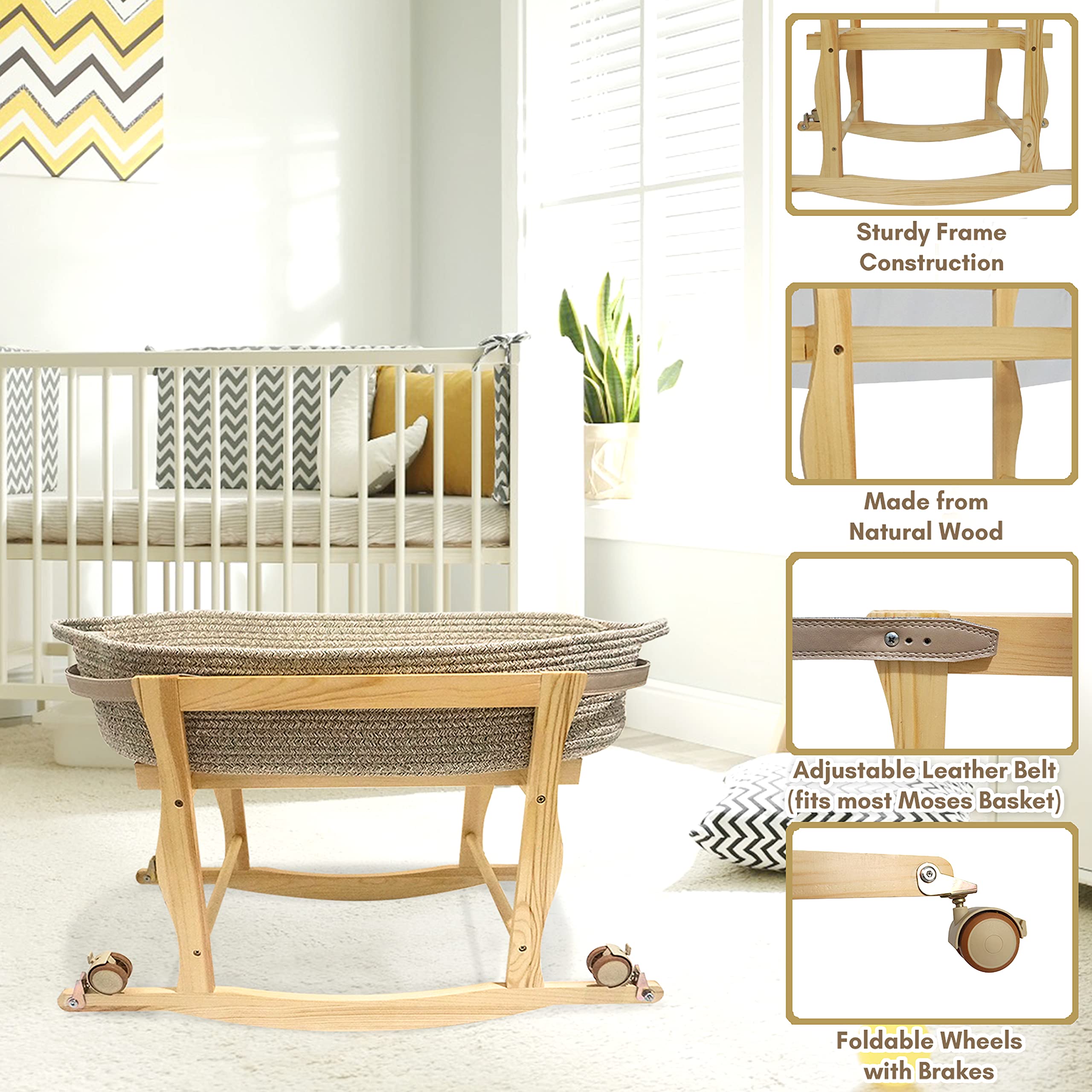 ECOADE Moses Basket Stand rocking action helps soothe baby for easier nap transitions.