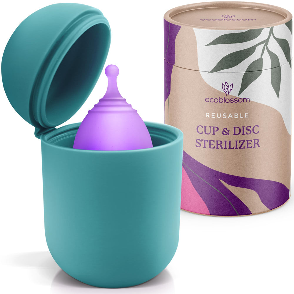 EcoBlossom cup case in cyan offers discreet storage for on-the-go cleaning