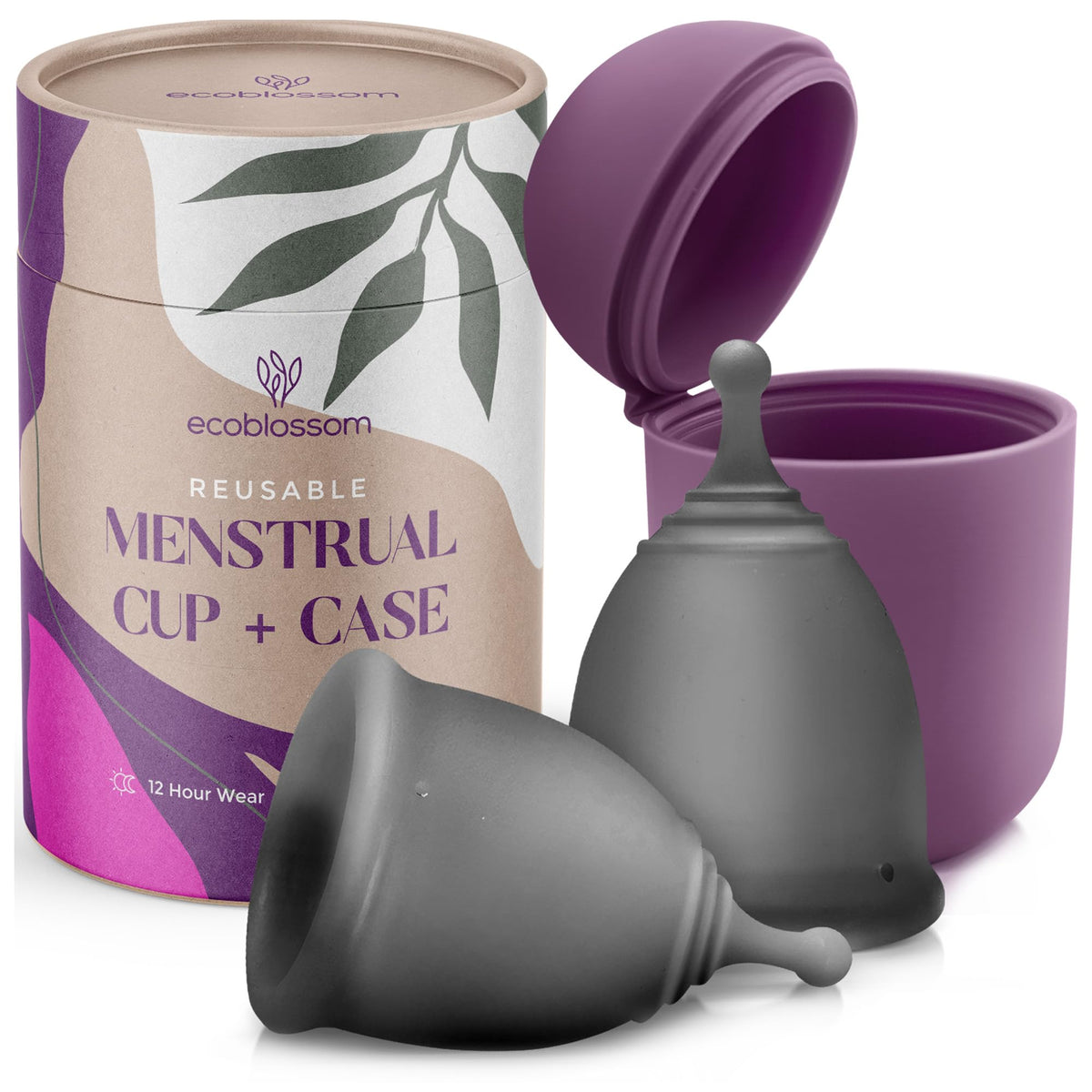 EcoBlossom gray cup close-up shows leak protection for daily wear.